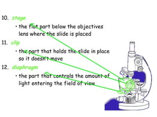 10. stage
• the flat part below the objectives
lens where the slide is placed
11. clip
• the part that holds the slide in place
so it doesn’t move
12. diaphragm
• the part that controls the amount of
light entering the field of view
 