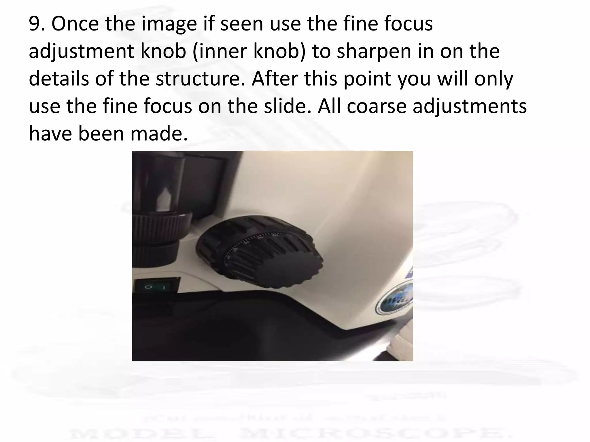 9. Once the image if seen use the fine focus
adjustment knob (inner knob) to sharpen in on the
details of the structure. After this point you will only
use the fine focus on the slide. All coarse adjustments
have been made.
 