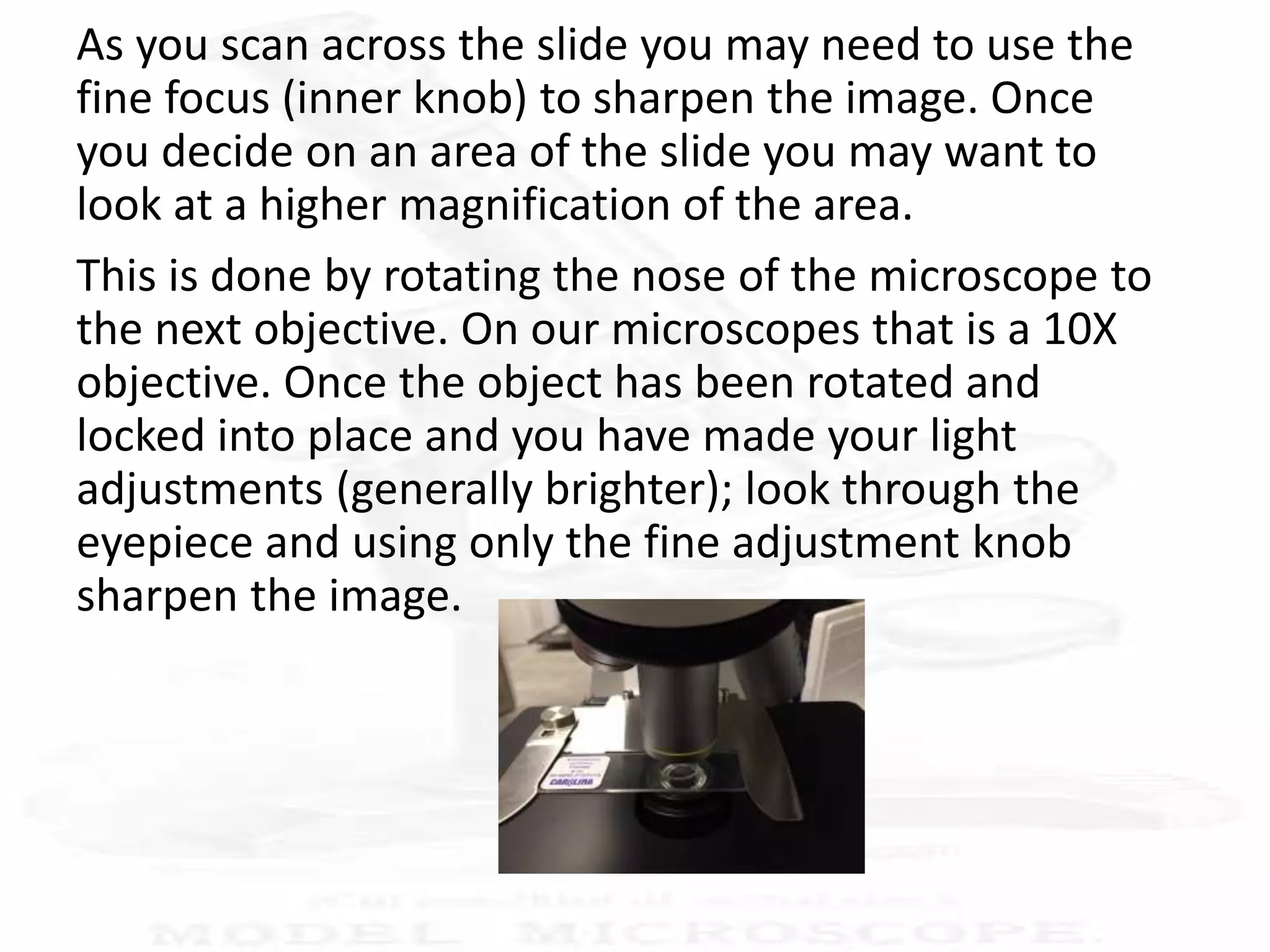 As you scan across the slide you may need to use the
fine focus (inner knob) to sharpen the image. Once
you decide on an area of the slide you may want to
look at a higher magnification of the area.
This is done by rotating the nose of the microscope to
the next objective. On our microscopes that is a 10X
objective. Once the object has been rotated and
locked into place and you have made your light
adjustments (generally brighter); look through the
eyepiece and using only the fine adjustment knob
sharpen the image.
 