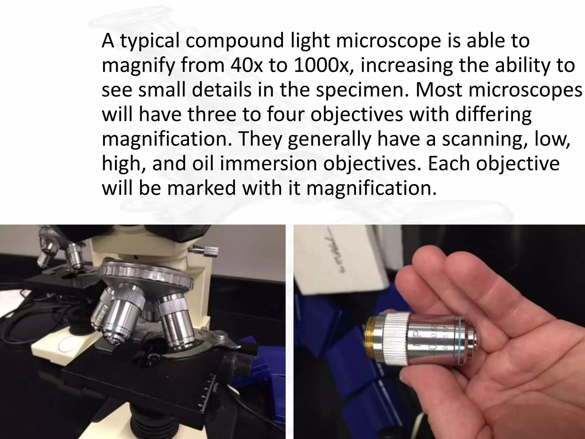 A typical compound light microscope is able to
magnify from 40x to 1000x, increasing the ability to
see small details in the specimen. Most microscopes
will have three to four objectives with differing
magnification. They generally have a scanning, low,
high, and oil immersion objectives. Each objective
will be marked with it magnification.
 