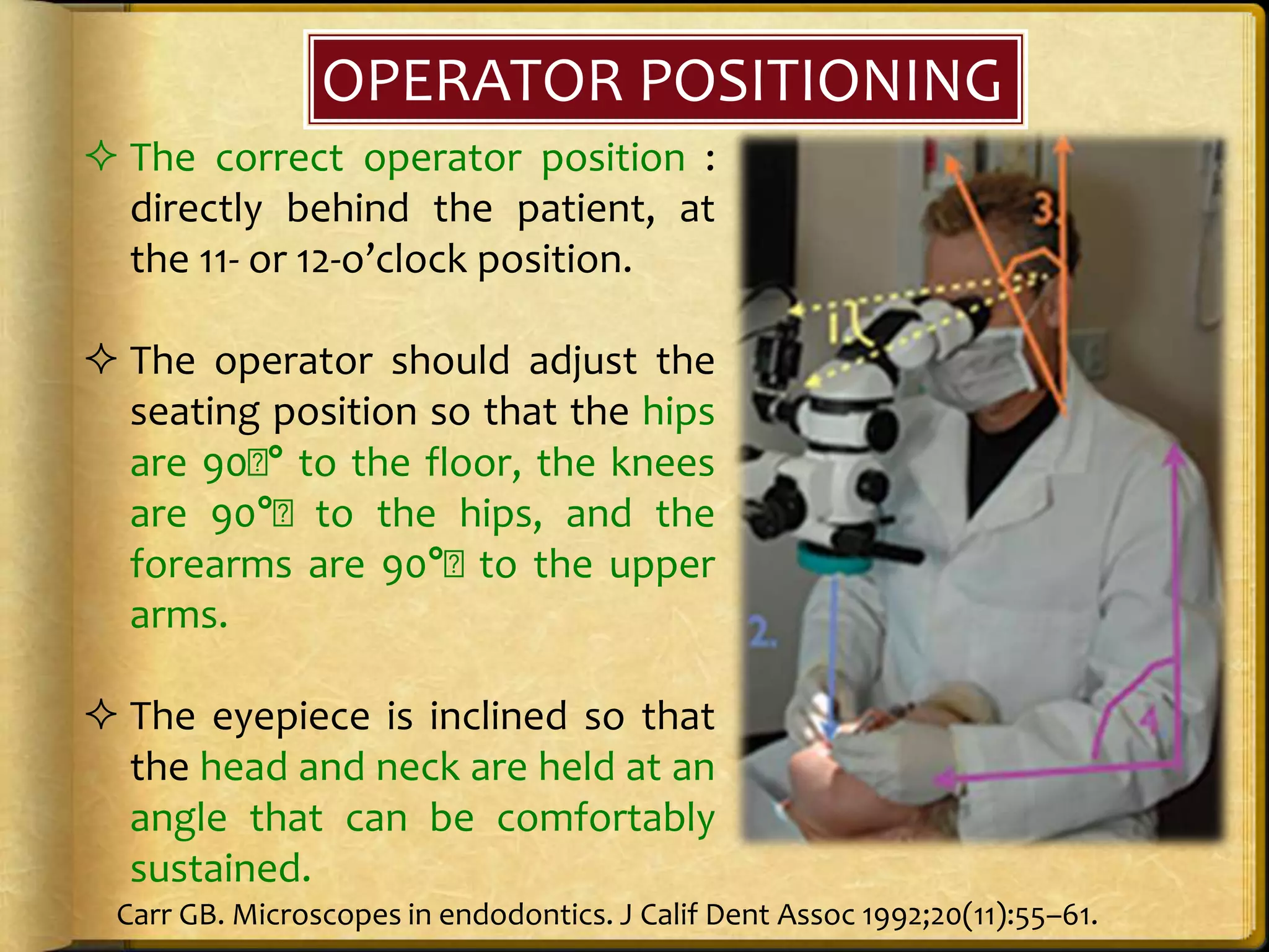 OPERATOR POSITIONING
 The correct operator position :
directly behind the patient, at
the 11- or 12-o’clock position.
 The operator should adjust the
seating position so that the hips
are 90􏰂° to the floor, the knees
are 90°􏰂 to the hips, and the
forearms are 90°􏰂 to the upper
arms.
 The eyepiece is inclined so that
the head and neck are held at an
angle that can be comfortably
sustained.
Carr GB. Microscopes in endodontics. J Calif Dent Assoc 1992;20(11):55–61.
 
