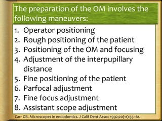 The preparation of the OM involves the
following maneuvers:
1. Operator positioning
2. Rough positioning of the patient
3. Positioning of the OM and focusing
4. Adjustment of the interpupillary
distance
5. Fine positioning of the patient
6. Parfocal adjustment
7. Fine focus adjustment
8. Assistant scope adjustment
Carr GB. Microscopes in endodontics. J Calif Dent Assoc 1992;20(11):55–61.
 