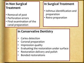 In Non Surgical
Treatment
• Removal of post
• Perforation errors
• Final examination of the
canal preparation
In Surgical Treatment
• Isthmus identification and
preparation
• Retro preparation
In Conservative Dentistry
• Caries detection
• Coronal preparation
• Impression quality
• Evaluating the restoration under surface
• Restoration delivery and polish
• Bonded restorations
 