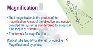 Magnification
• Total magnification is the product of the
magnification values of the objective and eyepiece,
provided the system is standardized to an optical
tube length of 160nm.
• The formula for magnification :
(Optical tube length/Focal length of objective) ×
Magnification of eyepiece.
 
