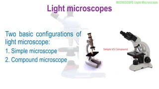 Light microscopes
Two basic configurations of
light microscope:
1. Simple microscope
2. Compound microscope
 