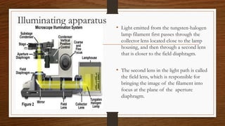 Illuminating apparatus
• Light emitted from the tungsten-halogen
lamp filament first passes through the
collector lens located close to the lamp
housing, and then through a second lens
that is closer to the field diaphragm.
• The second lens in the light path is called
the field lens, which is responsible for
bringing the image of the filament into
focus at the plane of the aperture
diaphragm.
 