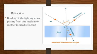 Refraction
• Bending of the light ray when
passing from one medium to
another is called refraction
 