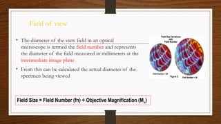 Field of view
• The diameter of the view field in an optical
microscope is termed the field number and represents
the diameter of the field measured in millimeters at the
intermediate image plane
• From this can be calculated the actual diameter of the
specimen being viewed
Field Size = Field Number (fn) ÷ Objective Magnification (Mo)
 