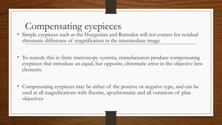 Compensating eyepieces
• Simple eyepieces such as the Huygenian and Ramsden will not correct for residual
chromatic difference of magnification in the intermediate image
• To remedy this in finite microscopy systems, manufacturers produce compensating
eyepieces that introduce an equal, but opposite, chromatic error in the objective lens
elements.
• Compensating eyepieces may be either of the positive or negative type, and can be
used at all magnifications with fluorite, apochromatic and all variations of plan
objectives
 