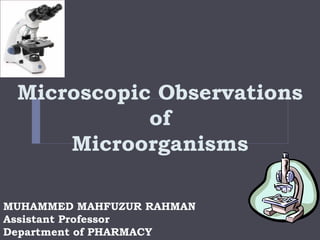 Microscopic Observations
of
Microorganisms
MUHAMMED MAHFUZUR RAHMAN
Assistant Professor
Department of PHARMACY
 
