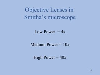 Objective Lenses in
Smitha’s microscope

   Low Power = 4x

  Medium Power = 10x

   High Power = 40x

                       10
 
