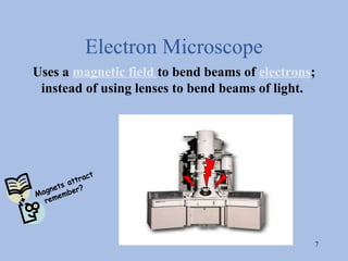Electron Microscope
Uses a magnetic field to bend beams of electrons;
 instead of using lenses to bend beams of light.




              ct
        at tra
   n ets er?
Mag memb
  re




                                                7
 