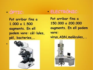 ●
ÒPTIC:
Pot arribar fins a
1.000 o 1.500
augments. En ell
podem vore: cèl·lules,
pèl, bacteries,…
●
●
ELECTRÒNIC:
Pot arribar fins a
150.000 o 200.000
augments. En ell podem
vore:
virus,ADN,molècules,..
 