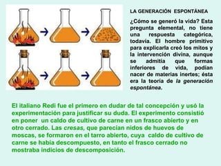 LA GENERACIÓN  ESPONTÁNEA   ¿Cómo se generó la vida? Esta pregunta elemental, no tiene una respuesta categórica, todavía. El hombre primitivo para explicarla creó los mitos y la intervención divina, aunque se admitía que formas inferiores de vida, podían nacer de materias inertes; ésta era la teoría de  la generación espontánea .   El italiano Redi fue el primero en dudar de tal concepción y usó la experimentación para justificar su duda. El experimento consistió en poner  un caldo de cultivo de carne en un frasco abierto y en otro cerrado. Las  cresas,  que parecían nidos de huevos de moscas, se formaron en el tarro abierto, cuya  caldo de cultivo de carne se había descompuesto, en tanto el frasco cerrado no mostraba indicios de descomposición.   