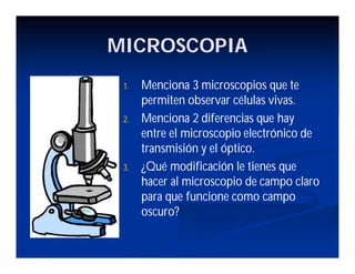 MICROSCOPIA
1. Menciona 3 microscopios que te
permiten observar células vivas.
2. Menciona 2 diferencias que hay
entre el microscopio electrónico de
transmisión y el óptico.
3. ¿Qué modificación le tienes que
hacer al microscopio de campo claro
para que funcione como campo
oscuro?