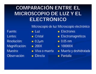 COMPARACIÓN ENTRE EL
MICROSCOPIO DE LUZ Y EL
ELECTRÓNICO
Microscopio de luz
Luz
Cristal
0.2mm
200X
Viva o muerta
Directa
Microscopio electrónico
Electrones
Electromagnéticos
0.05 nm
100000X
Muerta y deshidratada
Pantalla
Fuente:
Lentes:
Resolución:
Magnificación:
Muestra:
Observación: