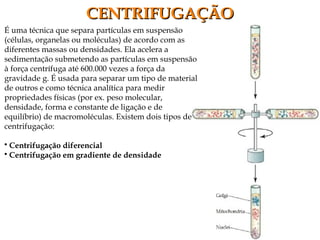 É uma técnica que separa partículas em suspensão
(células, organelas ou moléculas) de acordo com as
diferentes massas ou densidades. Ela acelera a
sedimentação submetendo as partículas em suspensão
à força centrífuga até 600.000 vezes a força da
gravidade g. É usada para separar um tipo de material
de outros e como técnica analítica para medir
propriedades físicas (por ex. peso molecular,
densidade, forma e constante de ligação e de
equilíbrio) de macromoléculas. Existem dois tipos de
centrifugação:
• Centrifugação diferencial
• Centrifugação em gradiente de densidade
CENTRIFUGAÇÃOCENTRIFUGAÇÃO
 