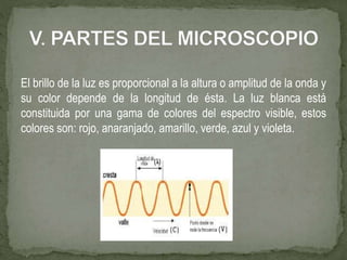 El brillo de la luz es proporcional a la altura o amplitud de la onda y
su color depende de la longitud de ésta. La luz blanca está
constituida por una gama de colores del espectro visible, estos
colores son: rojo, anaranjado, amarillo, verde, azul y violeta.
 