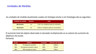 Unidades de Medida
As unidades de medida atualmente usadas em biologia celular e em histologia são as seguintes:
Unidade de medida Símbolo Valor
Micrômetro m 0,001 mm (milésima parte do milímetro)
Nanômetro nm 0,001m (milésima parte do micrômetro)
O aumento total do objeto observado é calculado multiplicando-se os valores do aumento da
objetiva e da ocular.
Portanto:
Ocular Objetiva Aumento Diâmetro do Campo
10 x 10x (pequeno aumento 100x 1.500m
10 x 40x (grande aumento a seco) 400x 375m
10 x 100x (imersão em óleo) 1.000x 150m
 