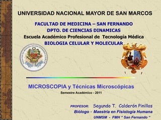 UNIVERSIDAD NACIONAL MAYOR DE SAN MARCOS MICROSCOPIA y Técnicas Microscópicas Semestre Académico - 2011 PROFESOR:   Segundo T.  Calderón Pinillos Biólogo  -  Maestría en Fisiología Humana UNMSM  -  FMH “ San Fernando “   FACULTAD DE MEDICINA – SAN FERNANDO DPTO. DE CIENCIAS DINAMICAS Escuela Académico Profesional de  Tecnología Médica BIOLOGIA CELULAR Y MOLECULAR 