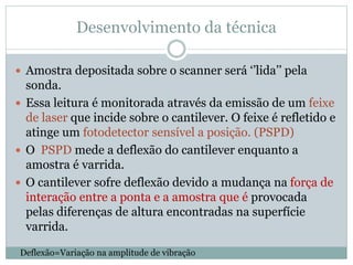 Desenvolvimento da técnica
 Amostra depositada sobre o scanner será ‘’lida’’ pela
sonda.
 Essa leitura é monitorada através da emissão de um feixe
de laser que incide sobre o cantilever. O feixe é refletido e
atinge um fotodetector sensível a posição. (PSPD)
 O PSPD mede a deflexão do cantilever enquanto a
amostra é varrida.
 O cantilever sofre deflexão devido a mudança na força de
interação entre a ponta e a amostra que é provocada
pelas diferenças de altura encontradas na superfície
varrida.
Deflexão=Variação na amplitude de vibração
 
