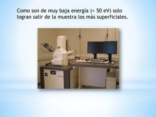 Como son de muy baja energía (< 50 eV) solo
logran salir de la muestra los más superficiales.
 
