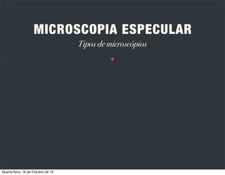 A
ESPECUL
PIA
ICROSCO
M
OS
IOS ÓPTIC
PRÍNCIP

LUZ

Ao atingir uma superfície pode
ser reﬂectida, absorvida ou
transmitida.

CÓRNEA

Apresenta múltiplas interfaces
com índices refractivos diferentes.

Quarta-feira, 16 de Outubro de 13

REFLEXÃO

R

 