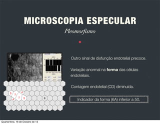 MICROSCOPIA ESPECULAR
Determinação da densidade endotelial
Método de comparação: comparação com um padrão em favo de mel prédeterminado
Método de moldura: contagem das células numa moldura deﬁnida.

Quarta-feira, 16 de Outubro de 13

 