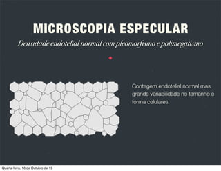 MICROSCOPIA ESPECULAR
Determinação da densidade endotelial
Método de comparação: comparação com um padrão em favo de mel prédeterminado
Método de moldura: contagem das células numa moldura deﬁnida.
Método de canto: localiza a intersecção de bordos celulares e transfere a imagem
para um polígono em formato digital de forma a calcular a área celular.

Quarta-feira, 16 de Outubro de 13

 