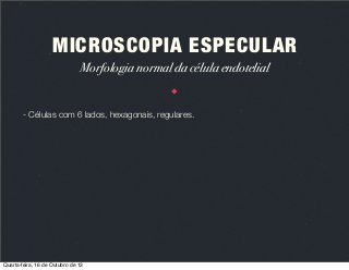 MICROSCOPIA ESPECULAR
Morfologia normal da célula endotelial

- Células com 6 lados, hexagonais, regulares.

Quarta-feira, 16 de Outubro de 13

 