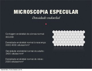 MICROSCOPIA ESPECULAR
Densidade endotelial

Contagem endotelial de córnea normal:
350.000
Densidade endotelial normal à nascença:
3000-4000 células/mm2
Densidade endotelial normal do adulto:
2400 células/mm2
Densidade endotelial normal do idoso:
2000 células/mm2

Quarta-feira, 16 de Outubro de 13

 