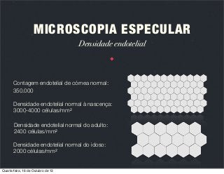MICROSCOPIA ESPECULAR
Densidade endotelial

Contagem endotelial de córnea normal:
350.000
Densidade endotelial normal à nascença:
3000-4000 células/mm2
Densidade endotelial normal do adulto:
2400 células/mm2
Densidade endotelial normal do idoso:
2000 células/mm2

Quarta-feira, 16 de Outubro de 13

 