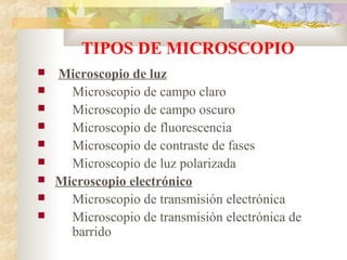 TIPOS DE MICROSCOPIO
   Microscopio de luz
     Microscopio de campo claro
     Microscopio de campo oscuro
     Microscopio de fluorescencia
     Microscopio de contraste de fases
     Microscopio de luz polarizada
   Microscopio electrónico
     Microscopio de transmisión electrónica
     Microscopio de transmisión electrónica de
      barrido
 
