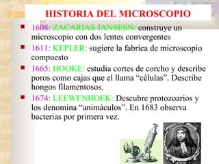 HISTORIA DEL MICROSCOPIO
   1608: ZACARIAS JANSESN: construye un
    microscopio con dos lentes convergentes
   1611: KEPLER: sugiere la fabrica de microscopio
    compuesto
   1665: HOOKE: estudia cortes de corcho y describe
    poros como cajas que el llama “células”. Describe
    hongos filamentosos.
   1674: LEEWENHOEK: Descubre protozoarios y
    los denomina “animáculos”. En 1683 observa
    bacterias por primera vez.
 