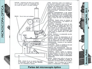 MICROSCOPIAOPTICA
Acosta,PabloUNACHI,2013
Partes del microscopio óptico
 