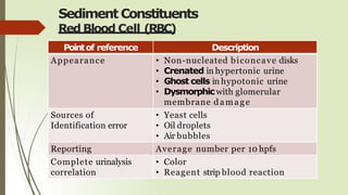 Sediment Constituents
Red Blood Cell (RBC)
Pointof reference Description
Appearance • Non-nucleated biconcave disks
• Crenated in hypertonic urine
• Ghost cells in hypotonic urine
• Dysmorphicwith glomerular
membrane damage
Sources of
Identification error
• Yeast cells
• Oil droplets
• Air bubbles
Reporting Average number per 10 hpfs
Complete urinalysis
correlation
• Color
• Reagent strip blood reaction
 