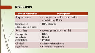 RBCCasts
Pointof reference Description
Appearance • Orange-red color, cast matrix
containing RBCs
Sources of
Identification error
• RBC clumps
Reporting • Average number per lpf
Complete
urinalysis
correlation
• RBCs
• Blood
• Protein
Clinical
significance
• Glomerulonephritis
• Strenuous exercise
 