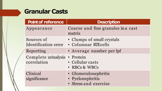 Granular Casts
Pointof reference Description
Appearance Coarse and fine granules in a cast
matrix
Sources of
Identification error
• Clumps of small crystals
• Columnar RTEcells
Reporting • Average number per lpf
Complete urinalysis
correlation
• Protein
• Cellular casts
• RBCs & WBCs
Clinical
significance
• Glomerulonephritis
• Pyelonephritis
• Stress and exercise
 