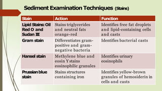 Sediment ExaminationTechniques (Stains)
Stain Action Function
Lipid Stains:Oil
Red O and
Sudan I
I
I
Stains triglycerides
and neutral fats
orange-red
Identifies free fat droplets
and lipid-containing cells
and casts
Gram stain Differentiates gram-
positive and gram-
negative bacteria
Identifies bacterial casts
Hansel stain Methylene blue and
eosin Y stains
eosinophilic granules
Identifies urinary
eosinophils
Prussianblue
stain
Stains structures
containing iron
Identifies yellow-brown
granules of hemosiderin in
cells and casts
 