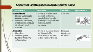 Abnormal Crystals seen inAcid/Neutral Urine
Crystal/Color Comments Solubility Appearance
Sulfonamides
• Varied (olorless to
yellow-brown)
• Needles, rhombics,
whetstones, sheaves
of wheat, and
rosettes
• Seen in inadequate
patient hydration
• possibility of tubular
damage ifcrystals are
forming in the
nephron
Acetone
Ampicillin
• Colorless
• needles (form
bundles following
refrigeration
• Seen in massive doses
of this penicillin
compound without
adequate hydration
Refrigera-
tion forms
bundles
 