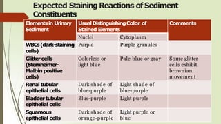 Expected Staining Reactions of Sediment
Constituents
Elementsin Urinary
Sediment
UsualDistinguishingColor of
Stained Elements
Comments
Nuclei Cytoplasm
WBCs(dark-staining
cells)
Purple Purple granules
Glittercells
(Sternheimer-
Malbin positive
cells)
Colorless or
light blue
Pale blue or gray Some glitter
cells exhibit
brownian
movement
Renal tubular
epithelial cells
Dark shade of
blue-purple
Light shade of
blue-purple
Bladder tubular
epithelial cells
Blue-purple Light purple
Squamous
epithelial cells
Dark shade of
orange-purple
Light purple or
blue
 
