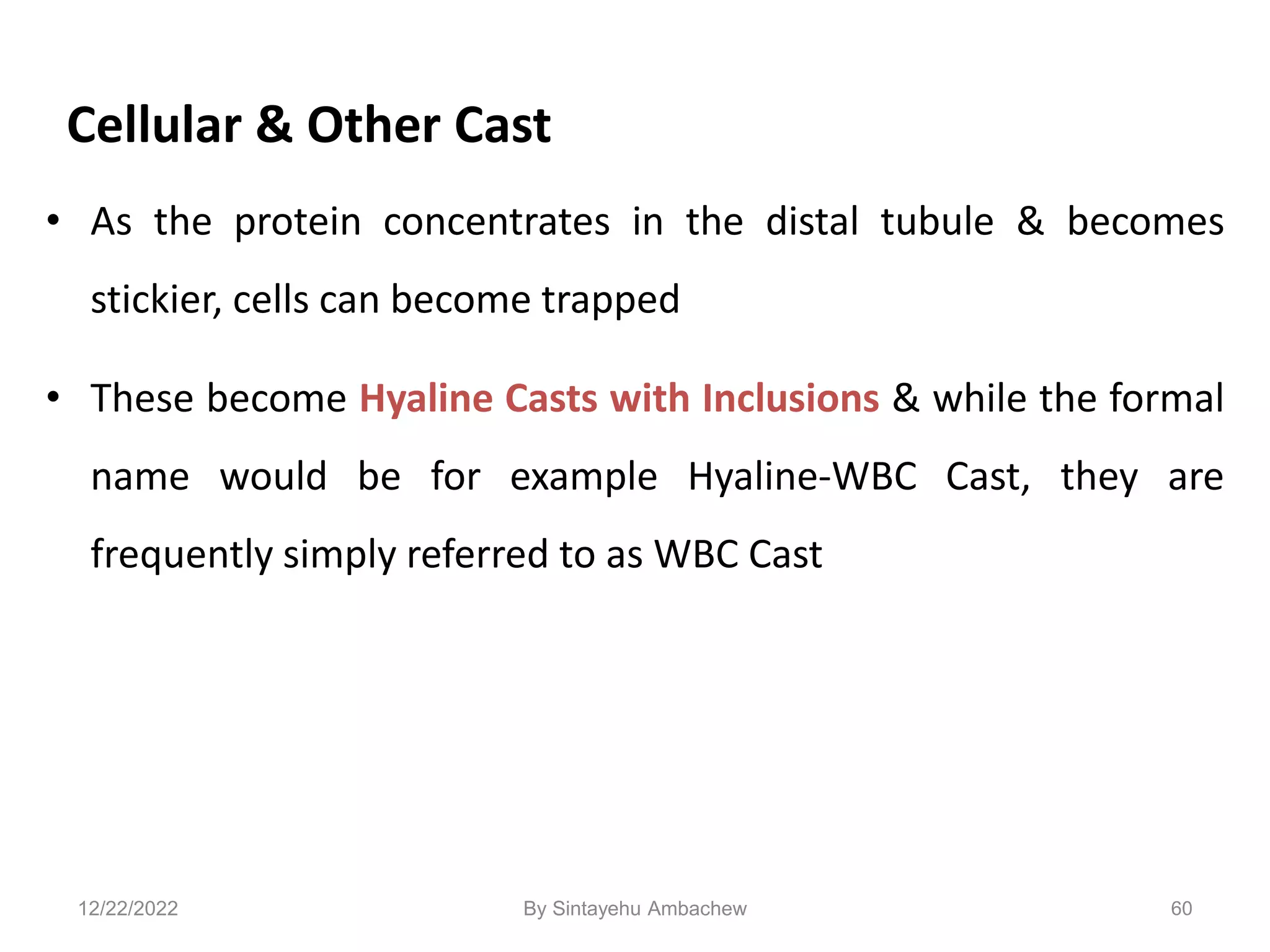 Cellular & Other Cast
• As the protein concentrates in the distal tubule & becomes
stickier, cells can become trapped
• These become Hyaline Casts with Inclusions & while the formal
name would be for example Hyaline-WBC Cast, they are
frequently simply referred to as WBC Cast
60
12/22/2022 By Sintayehu Ambachew
 