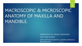 MACROSCOPIC & MICROSCOPIC
ANATOMY OF MAXILLA AND
MANDIBLE.
PRESENTED BY-DR. VAISHALI SHRIVASTAVA.
PG1ST YEAR STUDENT.
DEPT. OF PROSTHODONTICS ,CROWN & BRIDGE &
IMPLANTOLOGY.
1
 
