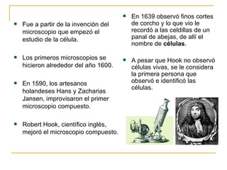 Fue a partir de la invención del microscopio que empezó el estudio de la célula. Los primeros microscopios se hicieron alrededor del año 1600. En 1590, los artesanos holandeses Hans y Zacharias Jansen, improvisaron el primer microscopio compuesto.  Robert Hook, científico inglés, mejoró el microscopio compuesto. En 1639 observó finos cortes de corcho y lo que vio le recordó a las celdillas de un panal de abejas, de allí el nombre de  células . A pesar que Hook no observó células vivas, se le considera la primera persona que observó e identificó las células. 