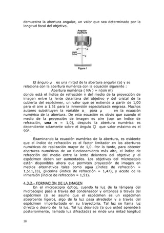 18
demuestra la abertura angular, un valor que sea determinado por la
longitud focal del objetivo.
El ángulo μ es una mitad de la abertura angular (a) y se
relaciona con la abertura numérica con la ecuación siguiente :
Abertura numérica ( NA ) = n(sin m)
donde está el índice de refracción n del medio de la proyección de
imagen entre la lente delantera del objetivo y del cristal de la
cubierta del espécimen, un valor que se extiende a partir de 1,00
para el aire a 1,51 para la inmersión especializada engrasa. Muchos
autores substituyen la variable α  para μ  en la ecuación
numérica de la abertura. De esta ecuación es obvio que cuando el
medio de la proyección de imagen es aire (con un índice de
refracción, una n = 1,0), después la abertura numérica es
dependiente solamente sobre el ángulo  que valor máximo es el
90°.
Examinando la ecuación numérica de la abertura, es evidente
que el índice de refracción es el factor limitador en las aberturas
numéricas de realización mayor de 1,0. Por lo tanto, para obtener
aberturas numéricas de un funcionamiento más alto, el índice de
refracción del medio entre la lente delantera del objetivo y el
espécimen deben ser aumentados. Los objetivos del microscopio
están disponibles ahora que permiten proyección de imagen en
medios alternativos tales como agua (índice de refracción =
1,511,33), glicerina (índice de refracción = 1,47), y aceite de la
inmersión (índice de refracción = 1,51).
4.3.2.- FORMACIÓN DE LA IMAGEN
En el microscopio óptico, cuando la luz de la lámpara del
microscopio pasa a través del condensador y entonces a través del
espécimen (si se asume que el espécimen es un espécimen
absorbente ligero), algo de la luz pasa alrededor y a través del
espécimen imperturbado en su trayectoria. Tal luz se llama luz
directa o desvio de la luz. Tal luz desviada (a que usted aprenderá
posteriormente, llamada luz difractada) se rinde una mitad longitud
 