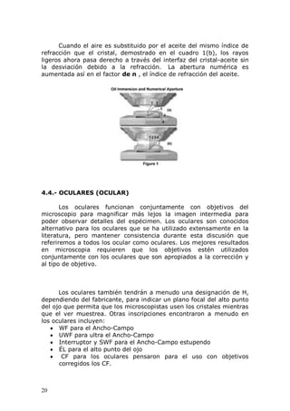 20
Cuando el aire es substituido por el aceite del mismo índice de
refracción que el cristal, demostrado en el cuadro 1(b), los rayos
ligeros ahora pasa derecho a través del interfaz del cristal-aceite sin
la desviación debido a la refracción. La abertura numérica es
aumentada así en el factor de n , el índice de refracción del aceite.
4.4.- OCULARES (OCULAR)
Los oculares funcionan conjuntamente con objetivos del
microscopio para magnificar más lejos la imagen intermedia para
poder observar detalles del espécimen. Los oculares son conocidos
alternativo para los oculares que se ha utilizado extensamente en la
literatura, pero mantener consistencia durante esta discusión que
referiremos a todos los ocular como oculares. Los mejores resultados
en microscopia requieren que los objetivos estén utilizados
conjuntamente con los oculares que son apropiados a la corrección y
al tipo de objetivo.
Los oculares también tendrán a menudo una designación de H,
dependiendo del fabricante, para indicar un plano focal del alto punto
del ojo que permita que los microscopistas usen los cristales mientras
que el ver muestrea. Otras inscripciones encontraron a menudo en
los oculares incluyen:
WF para el Ancho-Campo
UWF para ultra el Ancho-Campo
Interruptor y SWF para el Ancho-Campo estupendo
ÉL para el alto punto del ojo
CF para los oculares pensaron para el uso con objetivos
corregidos los CF.
 