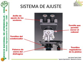SERVICIONACIONALDEAPRENDIZAJE–SENA
CentroAgropecuariodeBuga-CAB
Jose Libardo Tapiero Cuellar
Ingeniero Agroindustrial – Maestrante en Química
SISTEMA DE AJUSTE
Anillo de
ajuste de los
oculares
Tornillo que
permite
mover el
cabezal
Tornillos
reguladores
de la platina
Tornillos del
condensador
Palanca de
cierre del
diafragma
 