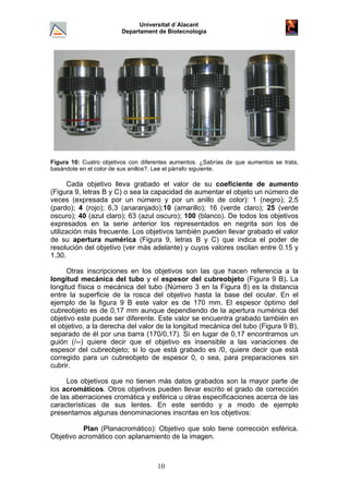 Universitat d´Alacant
Departament de Biotecnologia
Figura 10: Cuatro objetivos con diferentes aumentos. ¿Sabrías de que aumentos se trata,
basándote en el color de sus anillos?. Lee el párrafo siguiente.
Cada objetivo lleva grabado el valor de su coeficiente de aumento
(Figura 9, letras B y C) o sea la capacidad de aumentar el objeto un número de
veces (expresada por un número y por un anillo de color): 1 (negro); 2,5
(pardo); 4 (rojo); 6,3 (anaranjado);10 (amarillo); 16 (verde claro); 25 (verde
oscuro); 40 (azul claro); 63 (azul oscuro); 100 (blanco). De todos los objetivos
expresados en la serie anterior los representados en negrita son los de
utilización más frecuente. Los objetivos también pueden llevar grabado el valor
de su apertura numérica (Figura 9, letras B y C) que indica el poder de
resolución del objetivo (ver más adelante) y cuyos valores oscilan entre 0.15 y
1.30.
Otras inscripciones en los objetivos son las que hacen referencia a la
longitud mecánica del tubo y el espesor del cubreobjeto (Figura 9 B). La
longitud física o mecánica del tubo (Número 3 en la Figura 8) es la distancia
entre la superficie de la rosca del objetivo hasta la base del ocular. En el
ejemplo de la figura 9 B este valor es de 170 mm. El espesor óptimo del
cubreobjeto es de 0,17 mm aunque dependiendo de la apertura numérica del
objetivo este puede ser diferente. Este valor se encuentra grabado también en
el objetivo, a la derecha del valor de la longitud mecánica del tubo (Figura 9 B),
separado de él por una barra (170/0,17). Si en lugar de 0,17 encontramos un
guión (/--) quiere decir que el objetivo es insensible a las variaciones de
espesor del cubreobjeto; si lo que está grabado es /0, quiere decir que está
corregido para un cubreobjeto de espesor 0, o sea, para preparaciones sin
cubrir.
Los objetivos que no tienen más datos grabados son la mayor parte de
los acromáticos. Otros objetivos pueden llevar escrito el grado de corrección
de las aberraciones cromática y esférica u otras especificaciones acerca de las
características de sus lentes. En este sentido y a modo de ejemplo
presentamos algunas denominaciones inscritas en los objetivos:
Plan (Planacromático): Objetivo que solo tiene corrección esférica.
Objetivo acromático con aplanamiento de la imagen.
10
 