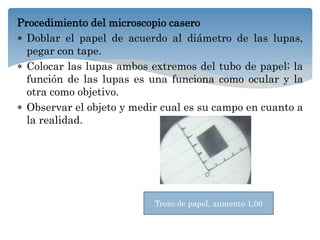 Procedimiento del microscopio casero
Doblar el papel de acuerdo al diámetro de las lupas,
pegar con tape.
Colocar las lupas ambos extremos del tubo de papel; la
función de las lupas es una funciona como ocular y la
otra como objetivo.
Observar el objeto y medir cual es su campo en cuanto a
la realidad.
Trozo de papel, aumento 1,06