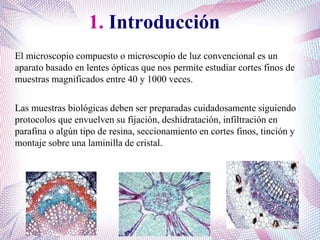 1. Introducción
El microscopio compuesto o microscopio de luz convencional es un
aparato basado en lentes ópticas que nos permite estudiar cortes finos de
muestras magnificados entre 40 y 1000 veces.
Las muestras biológicas deben ser preparadas cuidadosamente siguiendo
protocolos que envuelven su fijación, deshidratación, infiltración en
parafina o algún tipo de resina, seccionamiento en cortes finos, tinción y
montaje sobre una laminilla de cristal.
 